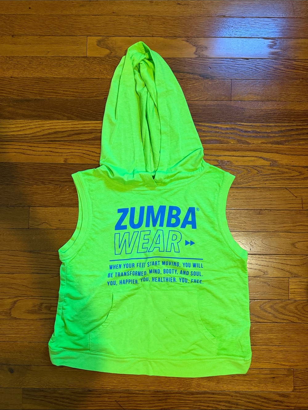 Zumba Fitness Neon Green Sleeveless Hoodie with Blue Logo